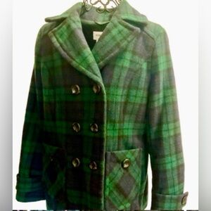 St. John’s Bay Green/ Navy Plaid Double Breasted Wool Pea Coat Size S